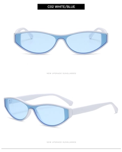 Vue détaillée de lunettes de soleil œil de chat blanches avec verres bleus sous deux angles