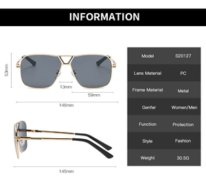 Spécifications détaillées de taille pour lunettes aviateur avec monture dorée