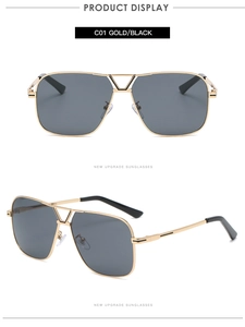 Détail de lunettes aviateur en métal doré avec double pont et verres gris