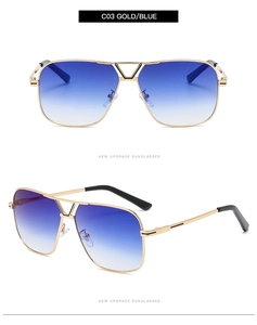Détails de lunettes pilote en métal doré avec des verres dégradés bleus