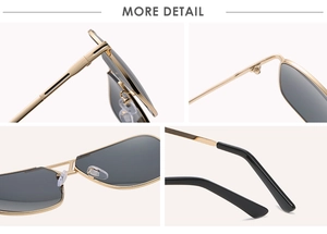 Détails de lunettes de soleil en métal doré avec charnières et plaquettes de nez