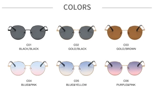 Selection of six stylish rimless sunglasses in a 2x3 grid with diverse gradient lens colors