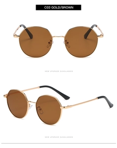 Close-up of gold metal octagonal sunglasses with brown lenses from front and side angles
