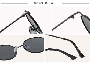 Detailed views of round gradient sunglasses showing nose pads and metal hinges