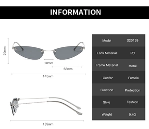Detailed technical diagram and dimensions for ultra-light rimless cat eye sunglasses
