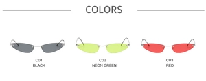 Three color variants of rimless triangle cat eye sunglasses in black, green and red