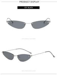 Front and 45-degree angle view of rimless cat-eye sunglasses with thin silver metal temples