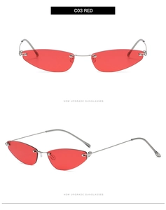 Detail view of red rimless cat eye sunglasses with metallic silver frames in C03 RED
