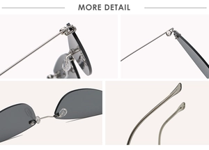 Detailed views of the hinge, adjustable nose pads, and metal frame of rimless cat eye sunglasses