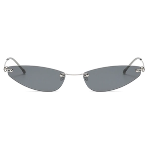 Frameless triangle cat-eye sunglasses with silver metal frames and dark gray lenses