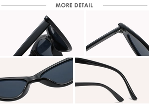 Détails de lunettes de soleil œil-de-chat noires avec charnières et embouts courbés
