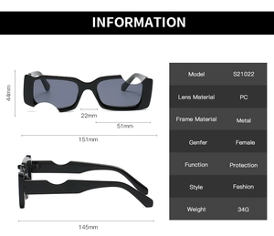 Guide des dimensions détaillées pour lunettes de soleil carrées noires en métal