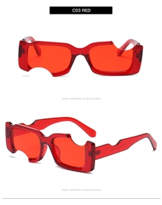 Détails de lunettes de soleil rouges irrégulières au design unique et code couleur C03 poli