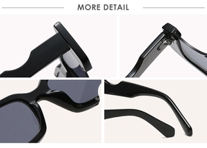 Vue détaillée de lunettes de soleil carrées noires avec monture épaisse et charnières