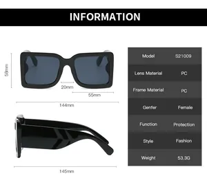 Detailed size chart and specifications for oversized square sunglasses model S21009
