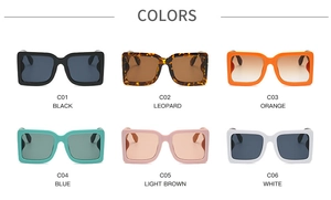 Six different color options for trendy oversized square sunglasses shown in a grid layout
