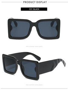 Detail view of large square black sunglasses with wide textured temples from two angles