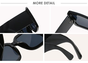 Detail view showing thick square sunglasses frame with metal hinges and nose pads
