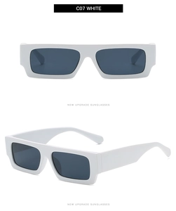 Vues détaillées de lunettes de soleil carrées blanches avec branches larges et verres noirs
