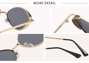 Détails de lunettes de soleil ovales en métal avec monture gravée et plaquettes