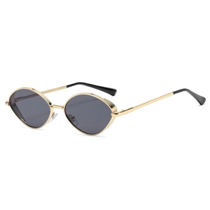 Lunettes de soleil ovales rétro avec branches dorées à motif losange et verres gris
