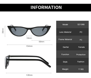 Detailed size specifications for retro cat eye sunglasses with PC frame dimensions