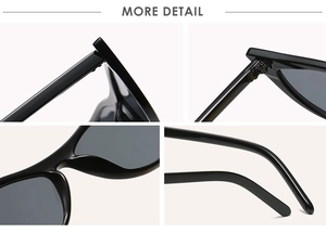 Detail view of smooth hinges and integrated nose pads on black cat-eye sunglasses
