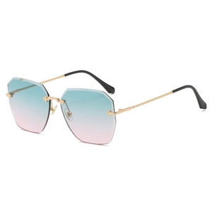 Lunettes de soleil sans monture avec verres dégradés bleu-rose et branches dorées tissées