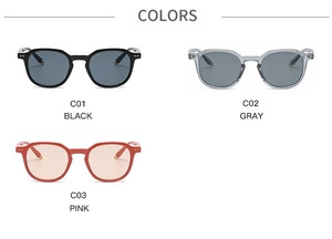 Retro square sunglasses in black, gray, and pink with metallic rivet accents on the frames