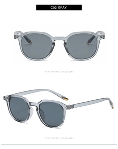 Detailed close-up of gray vintage square sunglasses with metal hinge and rivet accents