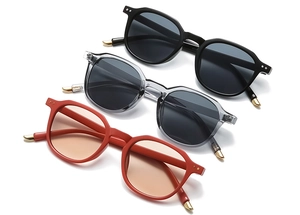 Three colors of retro square sunglasses in black, smoky grey and reddish-brown frames
