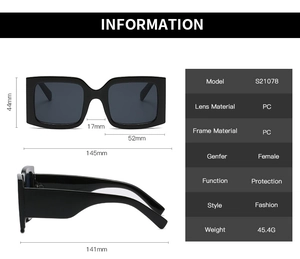 Detailed dimension chart for square sunglasses showing frame width and lens height