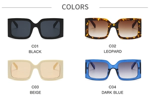 Four colors of square thick frame sunglasses including black, tortoise, beige and dark blue