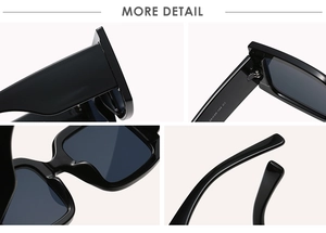 Close-up of square sunglasses showing sturdy metal hinges and integrated nose pads
