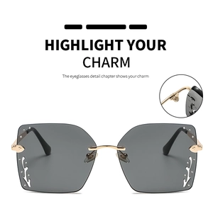 Detail of square oversized rimless sunglasses featuring side crystal accents and gold hinges