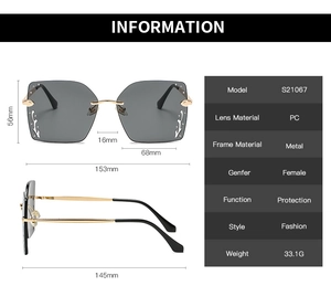 Detailed dimensions of oversized rimless sunglasses with metal frame and gradient lenses