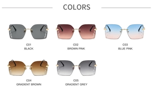 Detail view of five luxury square sunglasses showing diverse color options and rhinestone accents