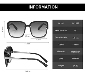 Detailed dimension chart showing frame height width and metal temple specs of square sunglasses