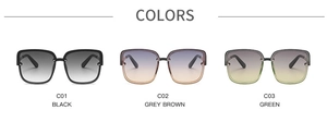Three color variants of square sunglasses featuring black, grey brown, and green gradient lenses
