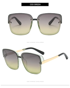Detailed front and side views of square sunglasses in C03 green with metal frame