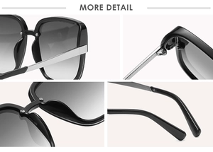 Detailed views of square sunglasses with black frames and silver metal temples