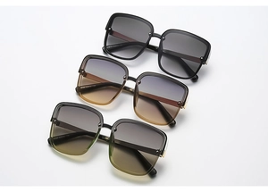 Detail of square gradient sunglasses with metallic rivet accents and sleek frames
