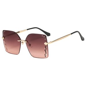 Modern square rimless sunglasses with gradient lenses and rhinestone metal detailing