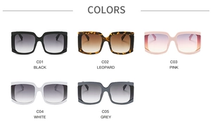 Sélection de cinq lunettes de soleil carrées oversize en noir, léopard, rose, blanc et gris