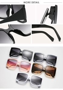 Vues macro de lunettes de soleil carrées montrant charnières et plaquettes de nez