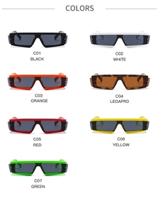 Grid display of rectangular wide-frame sunglasses in seven different vibrant colors
