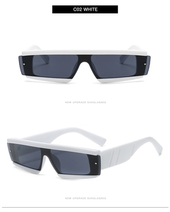 Detail of wide temples and white futuristic square frame on these fashion sunglasses