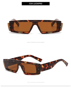 Detailed macro view of leopard print rectangular sunglasses with thick frames and brown lenses
