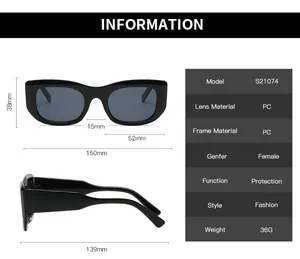 Detailed size chart for retro rectangular sunglasses showing frame and lens dimensions