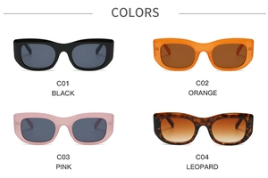 Retro rectangular sunglasses in black, orange, pink, and leopard print options